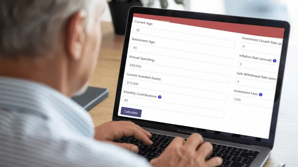 Laptop screen showing Coast FIRE calculator interface with inputs like current age, retirement age, annual spending, and projected results.