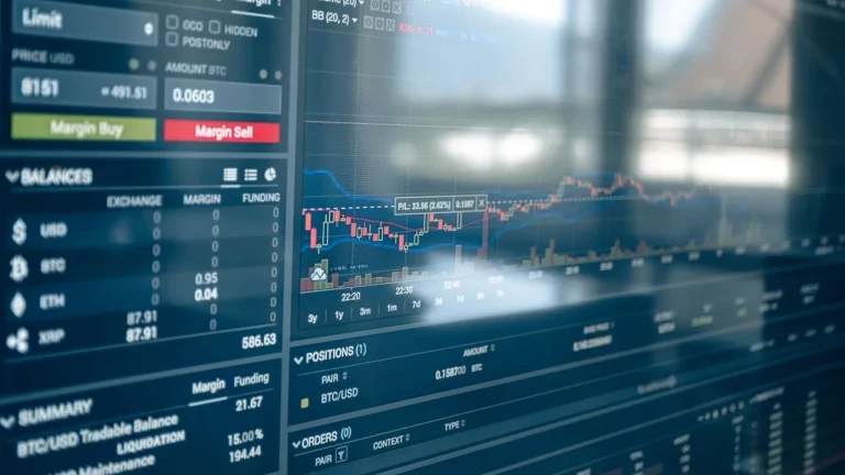 Close-up of a digital screen displaying stock trading graphs and cryptocurrency values. Ideal for finance and technology themes