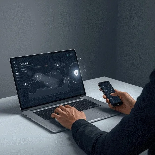 A person monitoring a cybersecurity data analytics dashboard on a laptop while checking a smartphone.