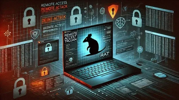 Digital concept art of a laptop showing a rat silhouette and the words "Remote Access Trojan" on screen, surrounded by cybersecurity lock icons and data code.