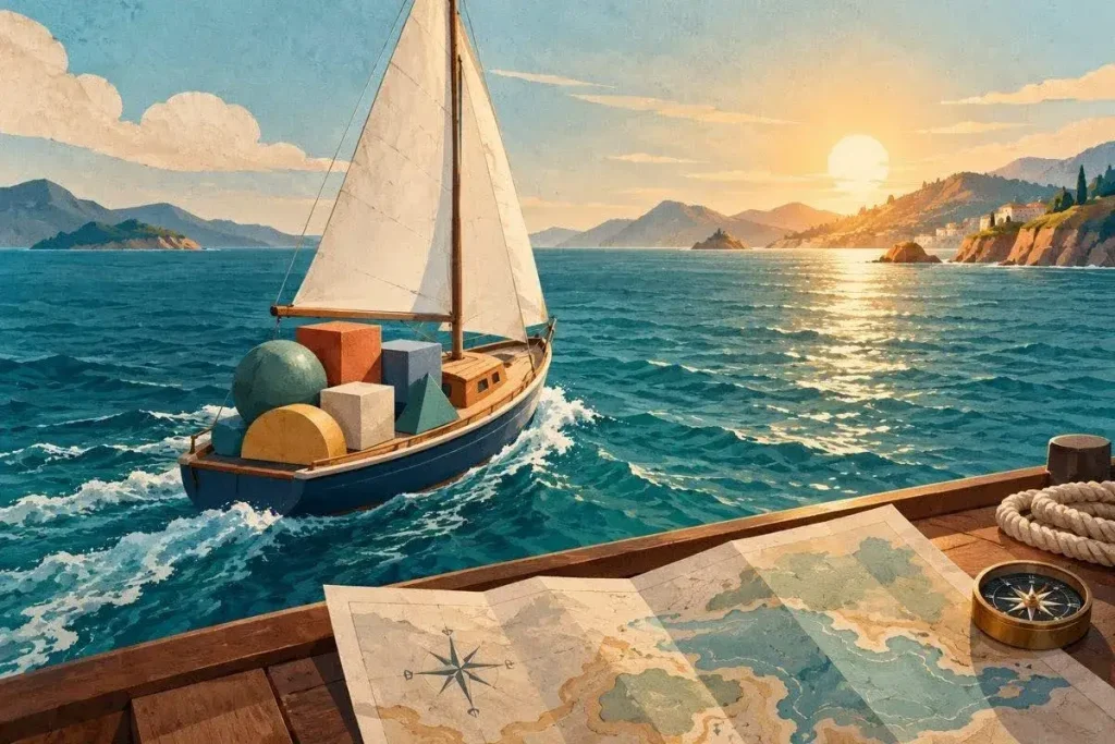 • An artistic illustration of a sailboat carrying large 3D geometric shapes across a sunny blue ocean toward a coastline, viewed from a deck with a navigation map.