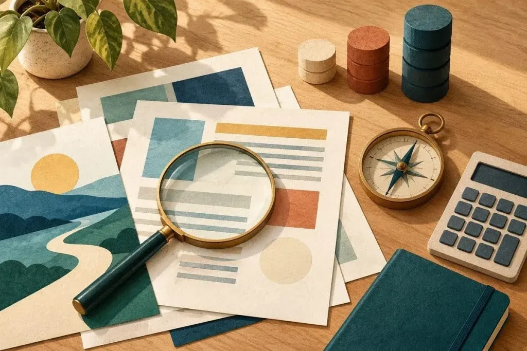 A wooden desk with a magnifying glass resting on charts and illustrations, a vintage compass, a calculator, and a closed notebook under warm, natural sunlight.