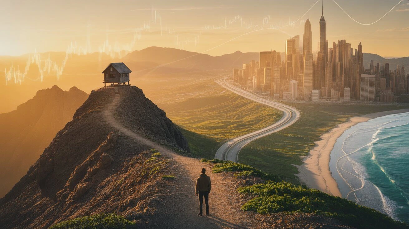 A person standing at a crossroads comparing three financial paths: a minimalist mountain trail (Lean FIRE), a luxurious city highway (Fat FIRE), and a balanced scenic coastal road (Coast FIRE).