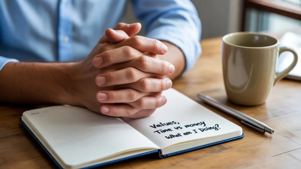 A person journaling to decide between different financial independence paths based on personal values.