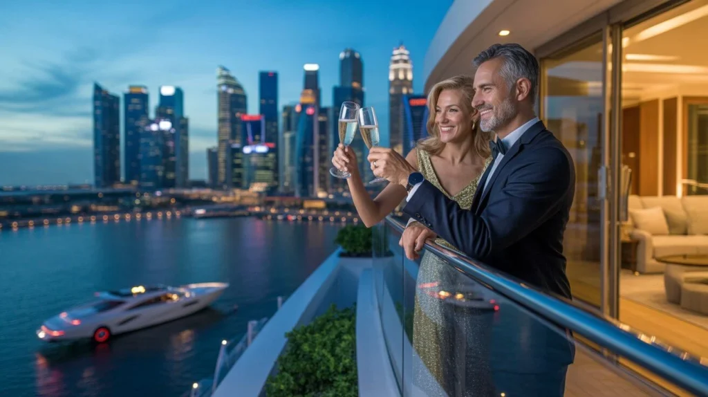 Fat FIRE lifestyle example showing a couple enjoying luxury travel on a penthouse balcony.